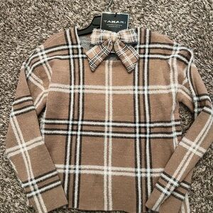 Tahari Tan Plaid Sweater with Bow Collar